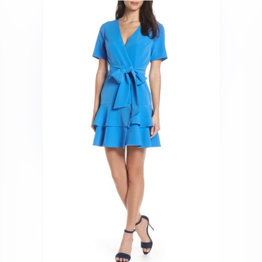 Charles Henry Blue Wrap Ruffle Mini Dress M NWT Wedding Guest Tie Waist
